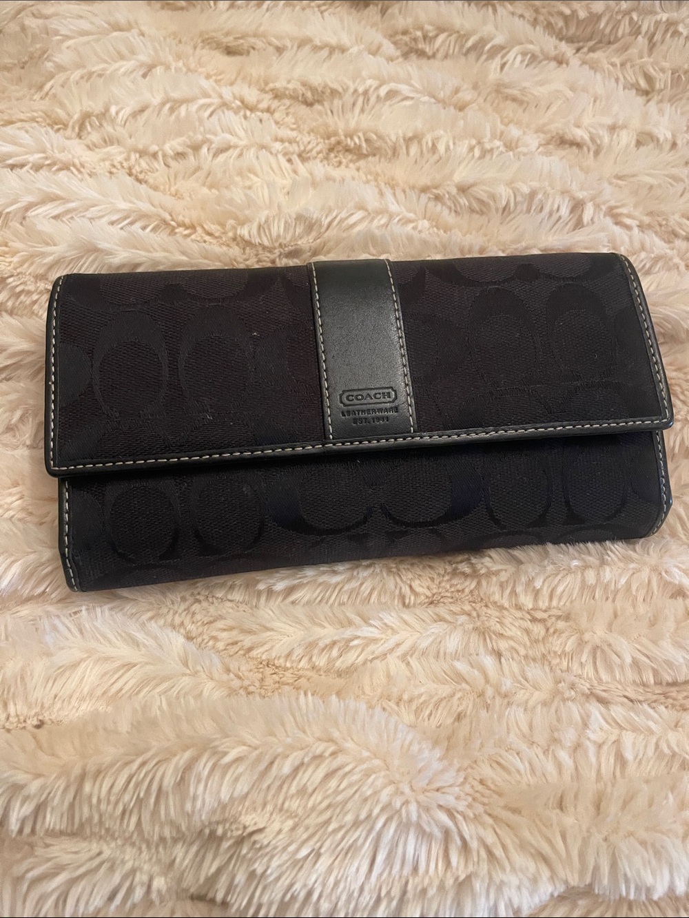 Coach Black Signature Logo Foldover Wallet with Leather Trim